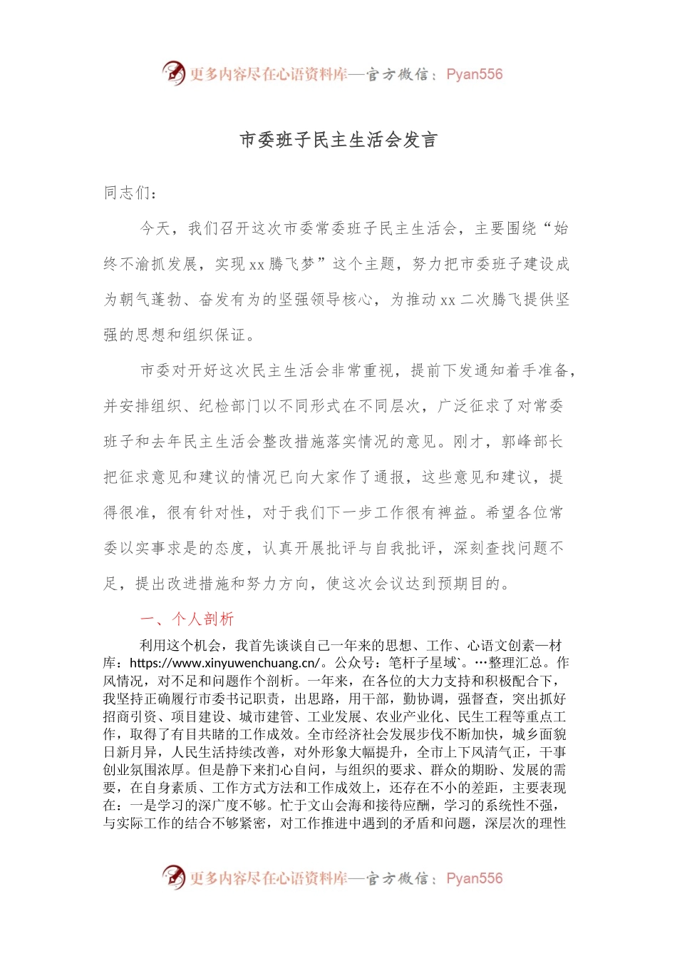 市委班子民主生活会发言.docx_第1页