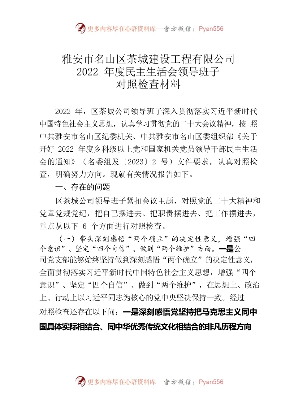 建设工程有限公司2022年度民主生活会领导班子对照检查材料.docx_第1页