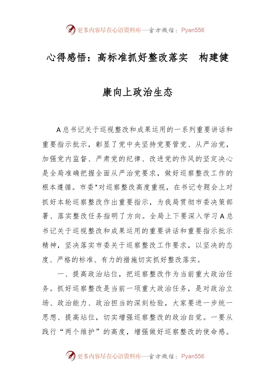 心得感悟：高标准抓好整改落实  构建健康向上政治生态.docx_第1页