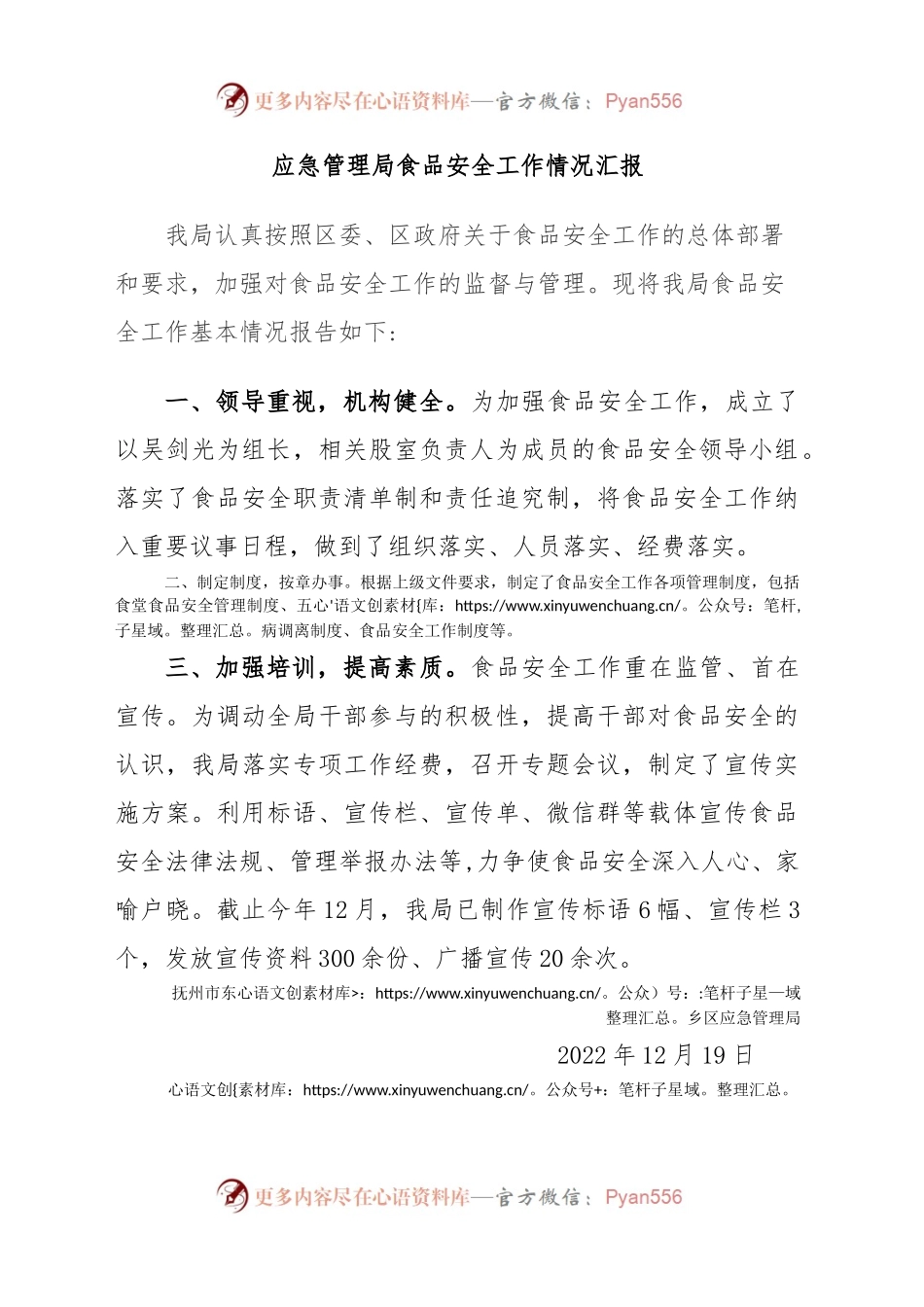 应急管理局食品安全工作情况汇报.docx_第1页