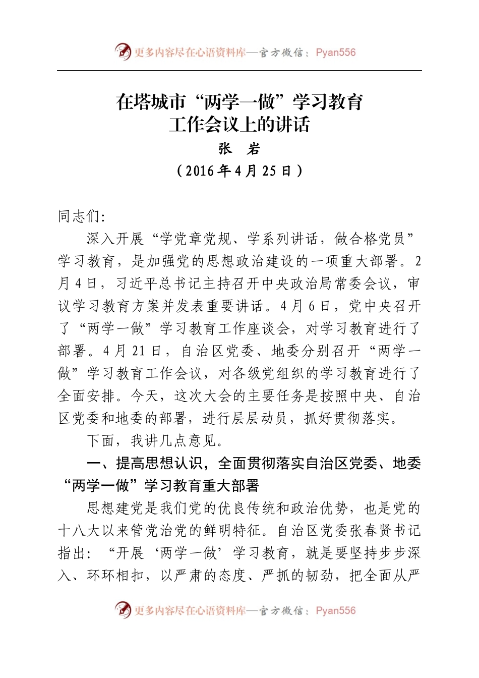 张岩书记在两学一做学习教育工作会议上的讲话25.docx_第1页