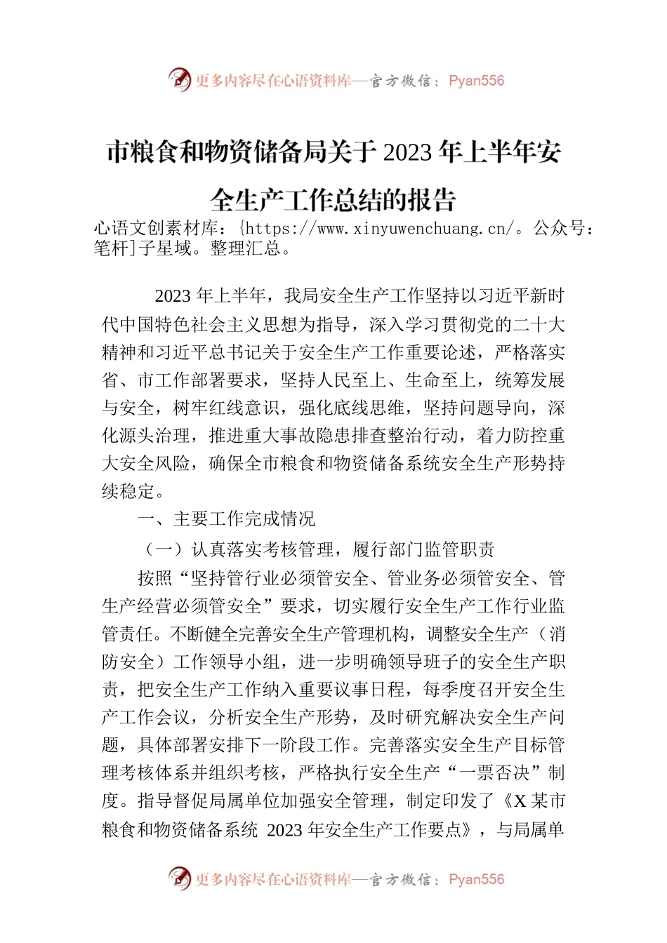 市粮食和物资储备局关于2023年上半年安全生产工作总结的报告（20230704）.docx_第1页
