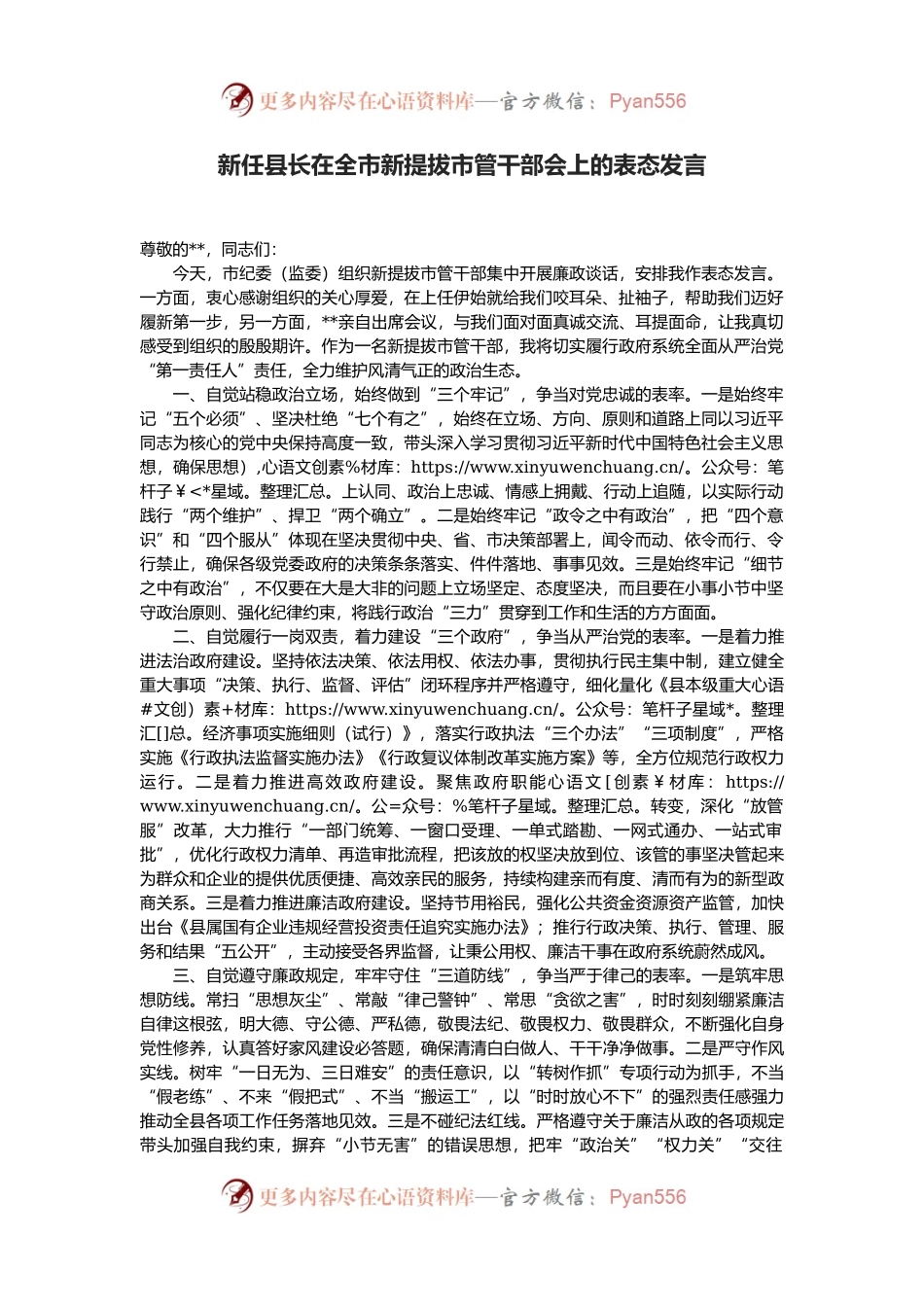 新任县长在全市新提拔市管干部会上的表态发言.docx_第1页