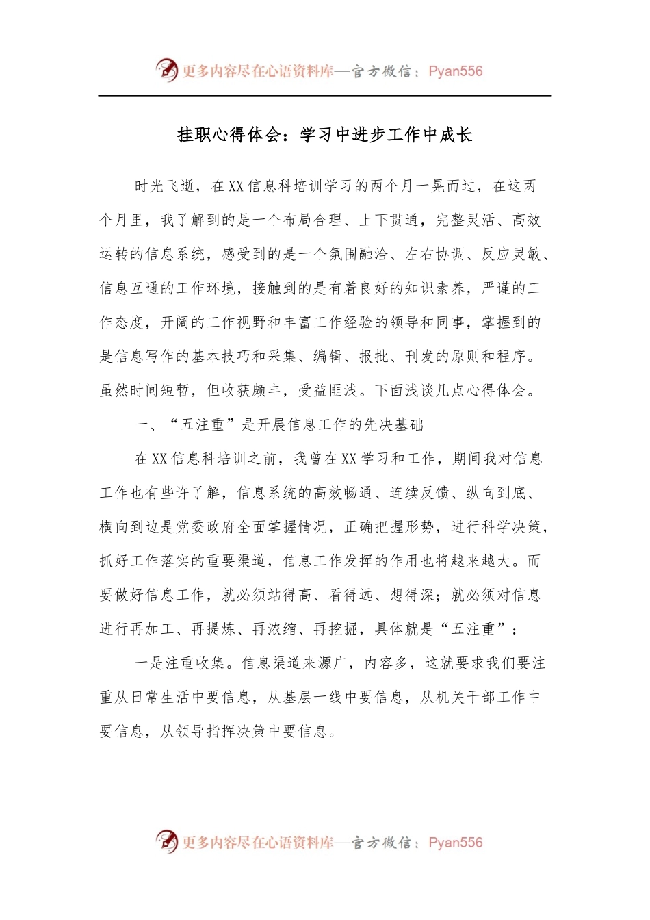 挂职心得体会：学习中进步工作中成长.docx_第1页
