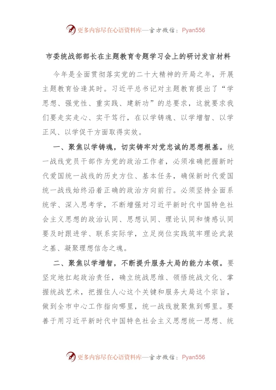 市委统战部部长在主题教育专题学习会上的研讨发言材料.docx_第1页