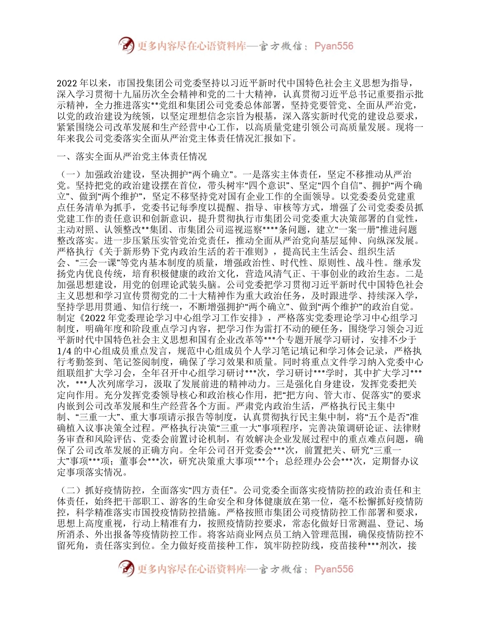 市国投集团公司党委2022年度落实全面从严治党主体责任情况报告.docx_第1页
