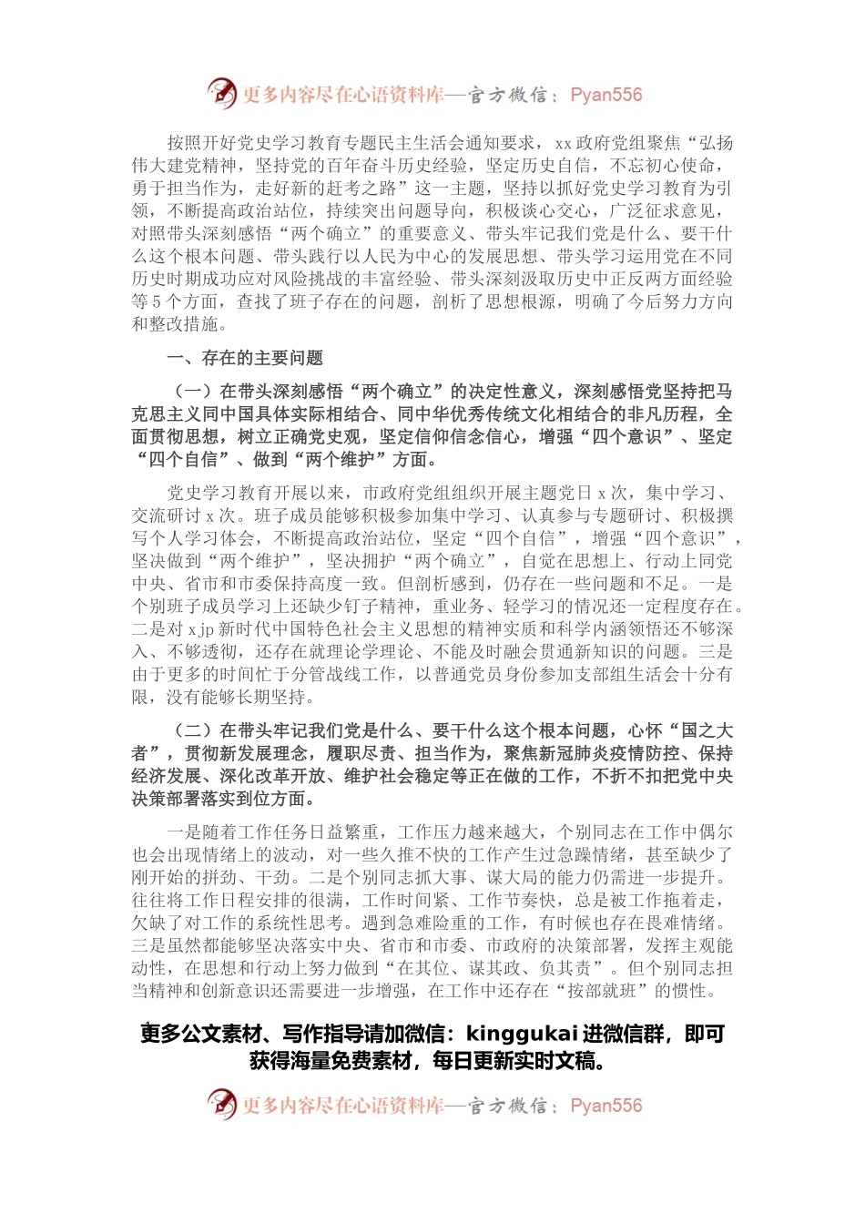 政府党组班子党史学习教育专题民主生活会“五个带头”对照检查材料.docx_第1页