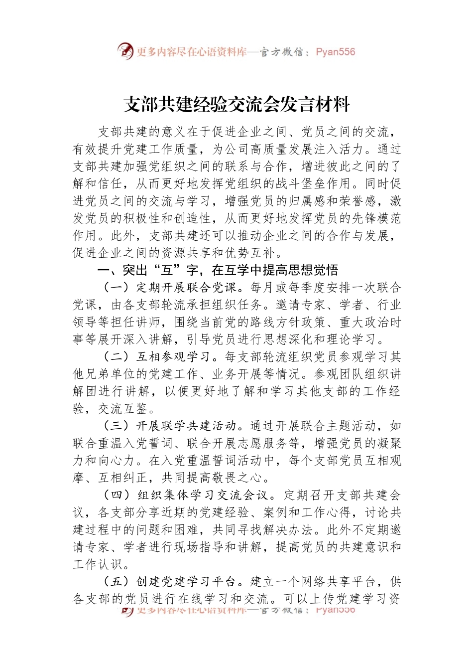 支部共建经验交流会发言稿材料.docx_第1页