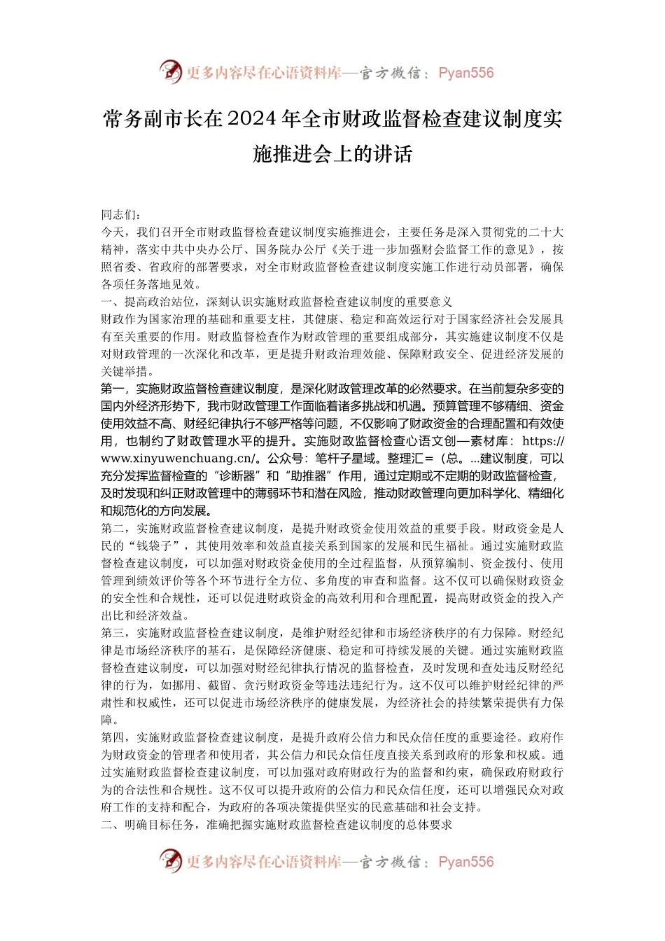 常务副市长在2024年全市财政监督检查建议制度实施推进会上的讲话.docx_第1页