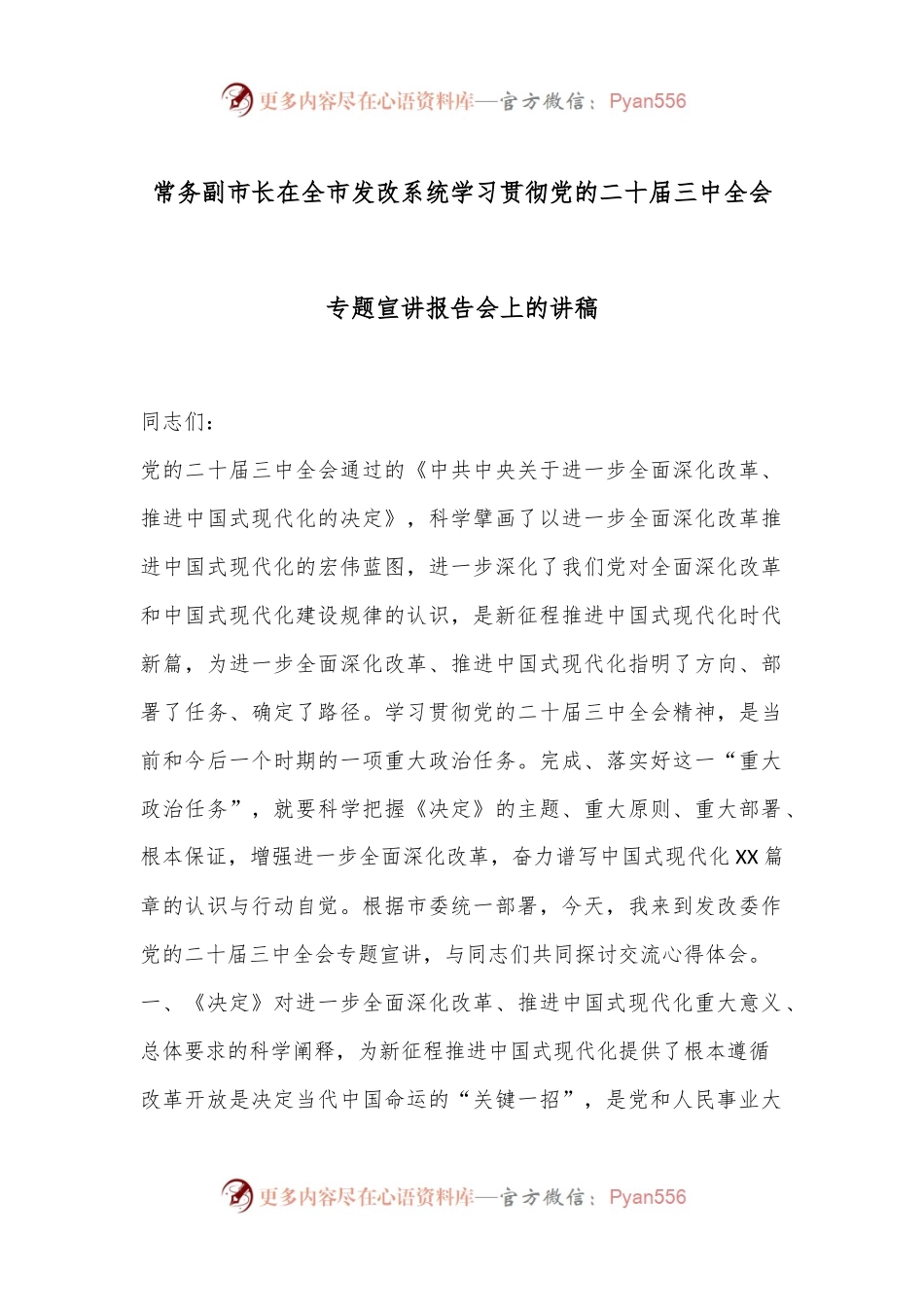 常务副市长在全市发改系统学习贯彻党的二十届三中全会专题宣讲报告会上的讲稿.docx_第1页