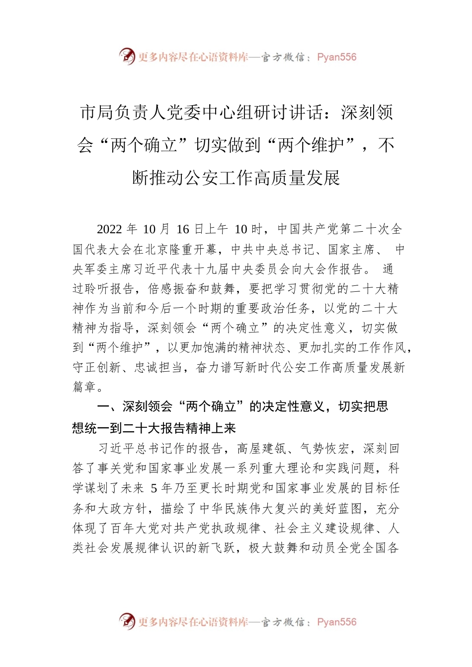 市局负责人党委中心组研讨讲话：深刻领会“两个确立”切实做到“两个维护”，不断推动公安工作高质量发展.docx_第1页