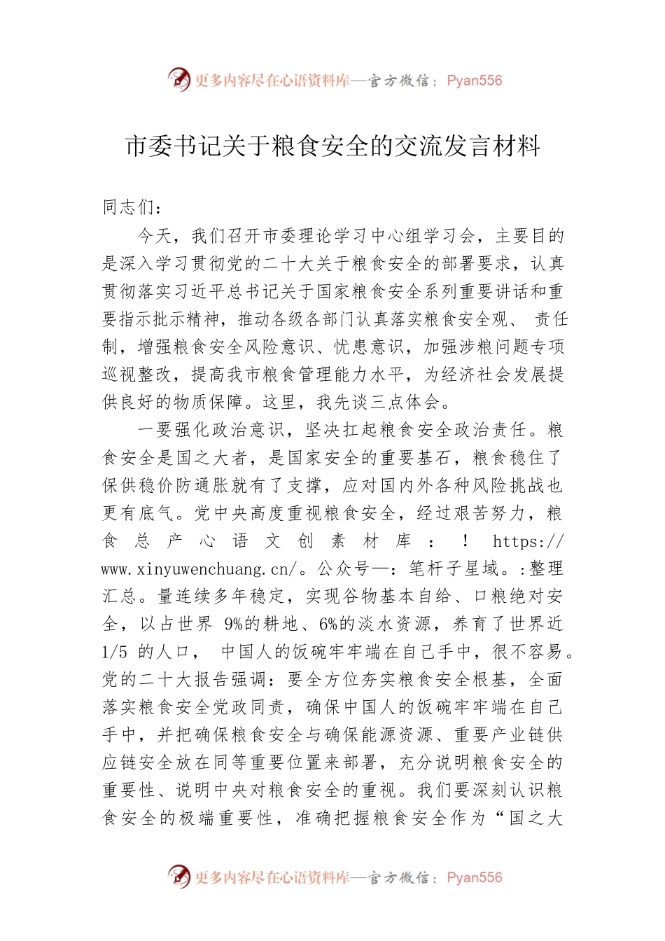 市委书记关于粮食安全的交流发言材料.docx_第1页