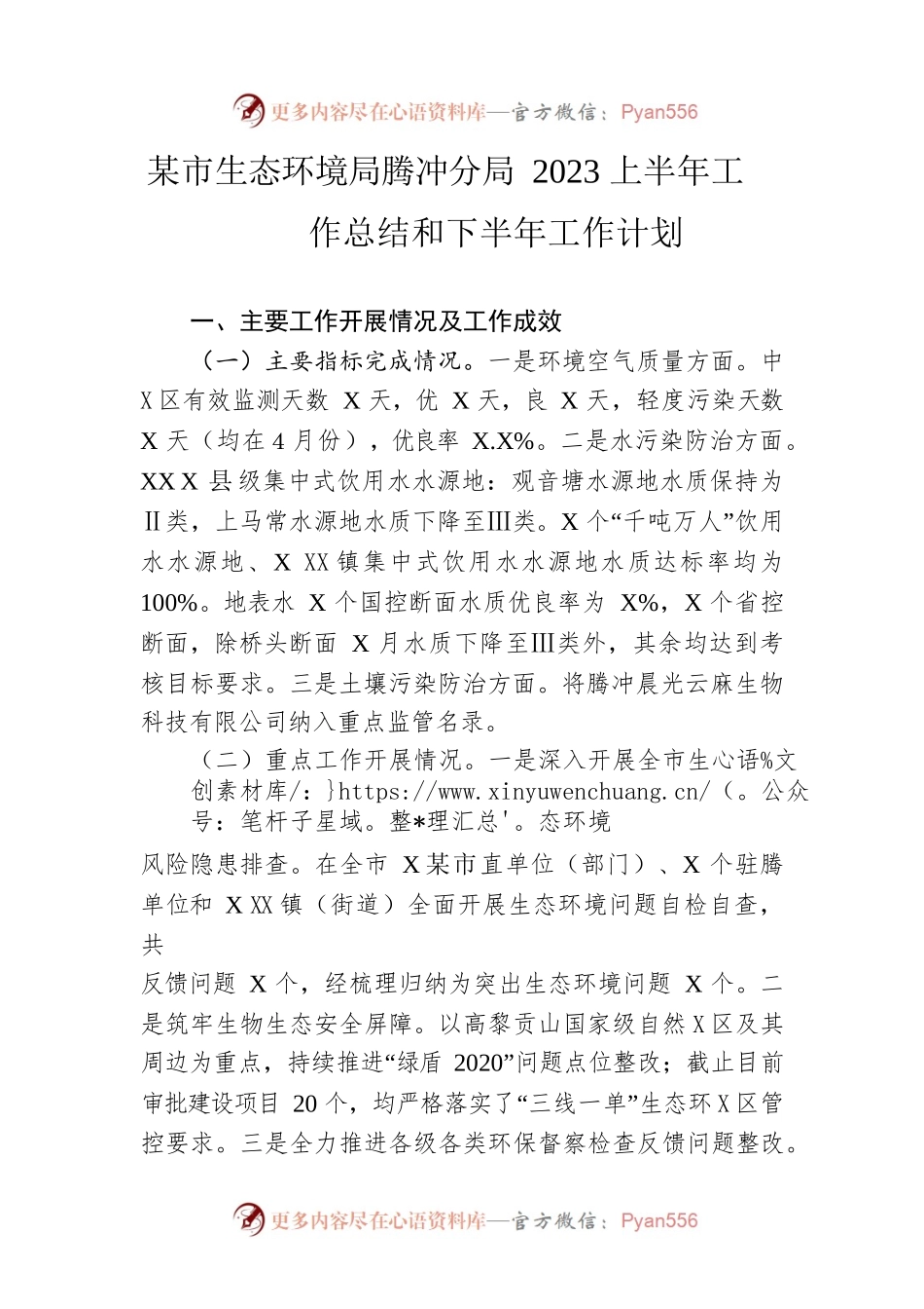 市生态环境局腾冲分局2023上半年工作总结和下半年工作计划（20230606）.docx_第1页