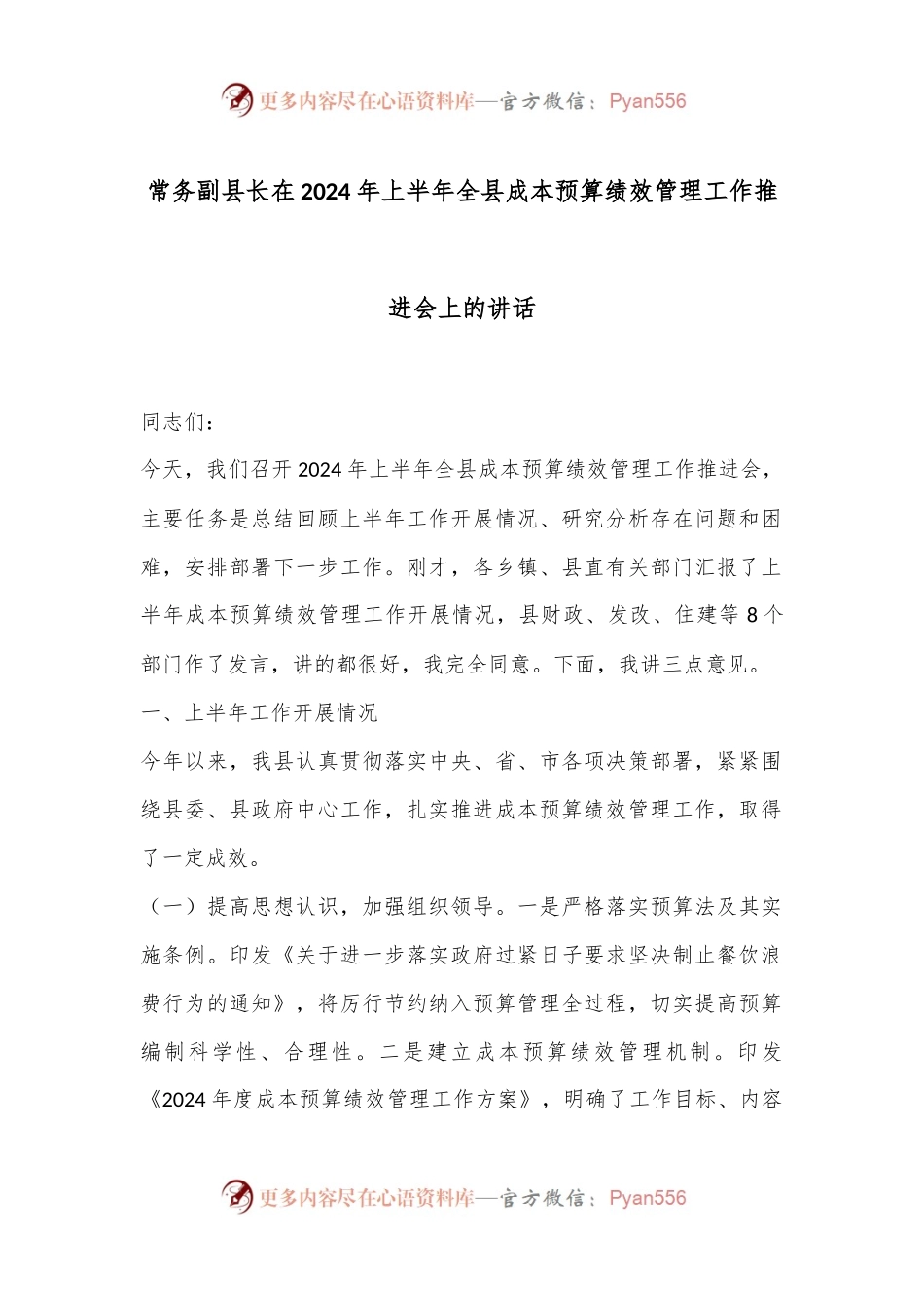 常务副县长在2024年上半年全县成本预算绩效管理工作推进会上的讲话.docx_第1页