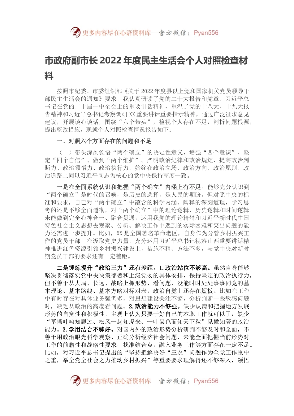 市政府副市长2022年度民主生活会个人对照检查材料.docx_第1页