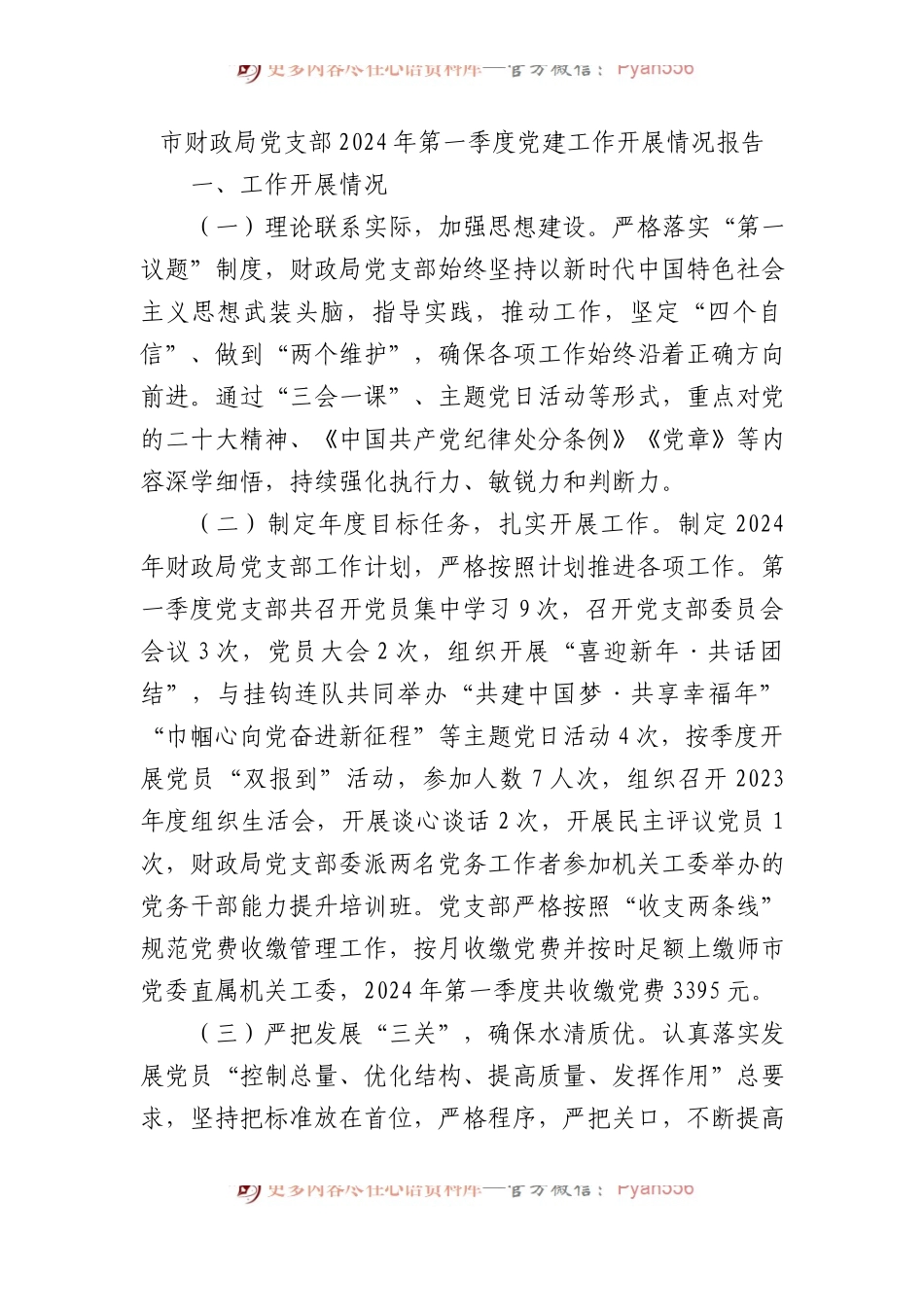市财政局党支部2024年第一季度党建工作开展情况报告.docx_第1页