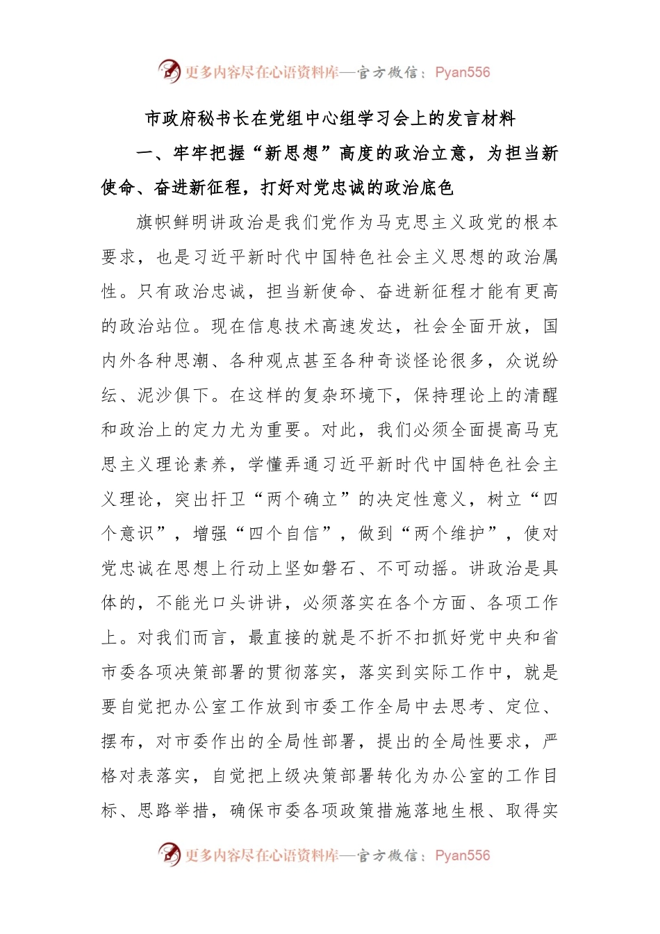 市政府秘书长在党组中心组学习会上的发言材料（二）.docx_第1页