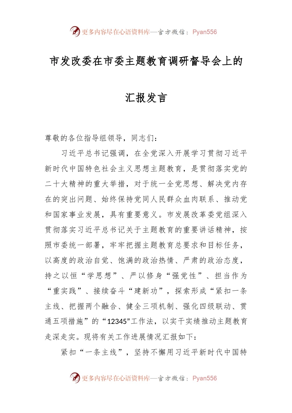 市发改委在市委主题教育调研督导会上的汇报发言.docx_第1页