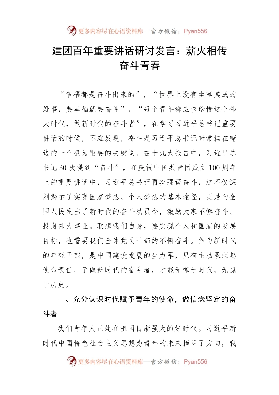 建团百年重要讲话研讨发言：薪火相传奋斗青春.docx_第1页