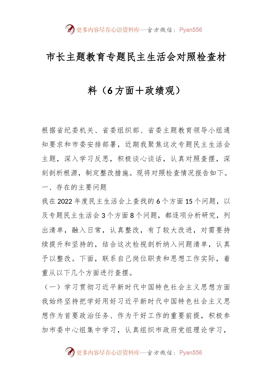 市长主题教育专题民主生活会对照检查材料（6方面＋政绩观）.docx_第1页