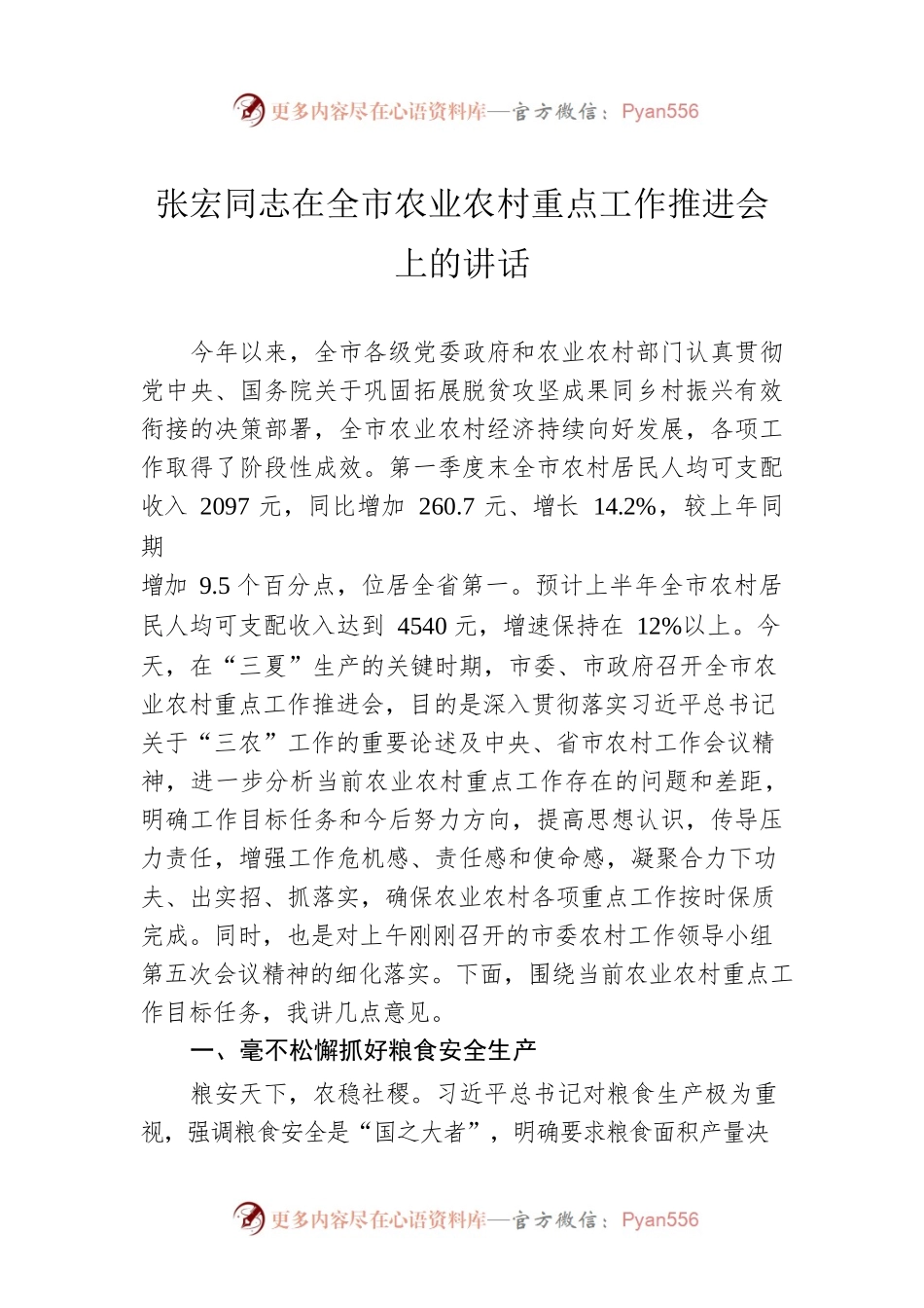 张宏同志在全市农业农村重点工作推进会上的讲话.docx_第1页