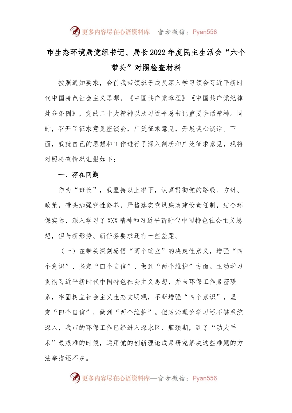 市生态环境局党组书记、局长2022年度民主生活会“六个带头”对照检查材料.docx_第1页