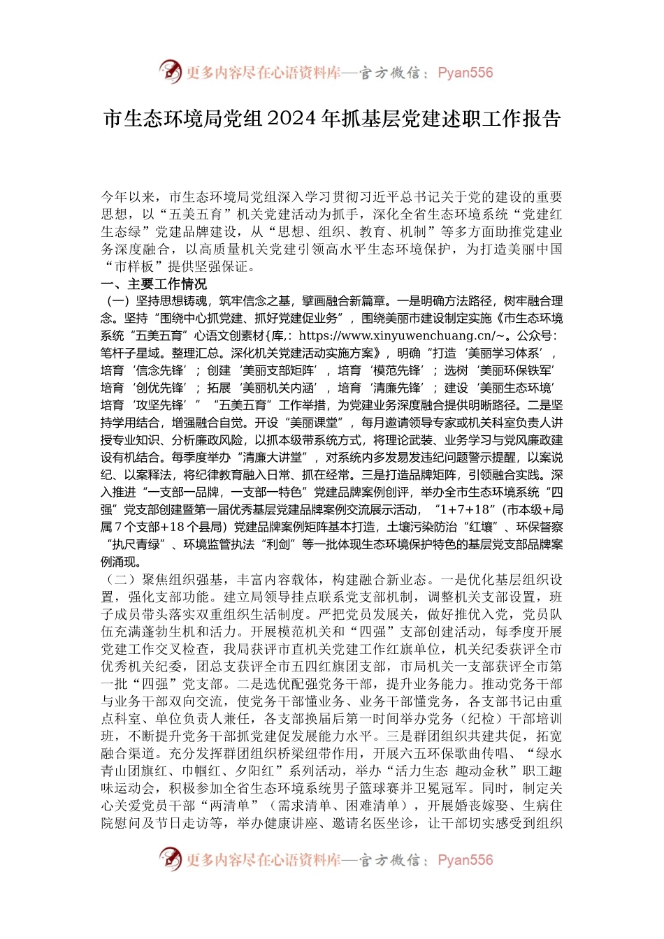 市生态环境局党组2024年抓基层党建述职工作报告.docx_第1页