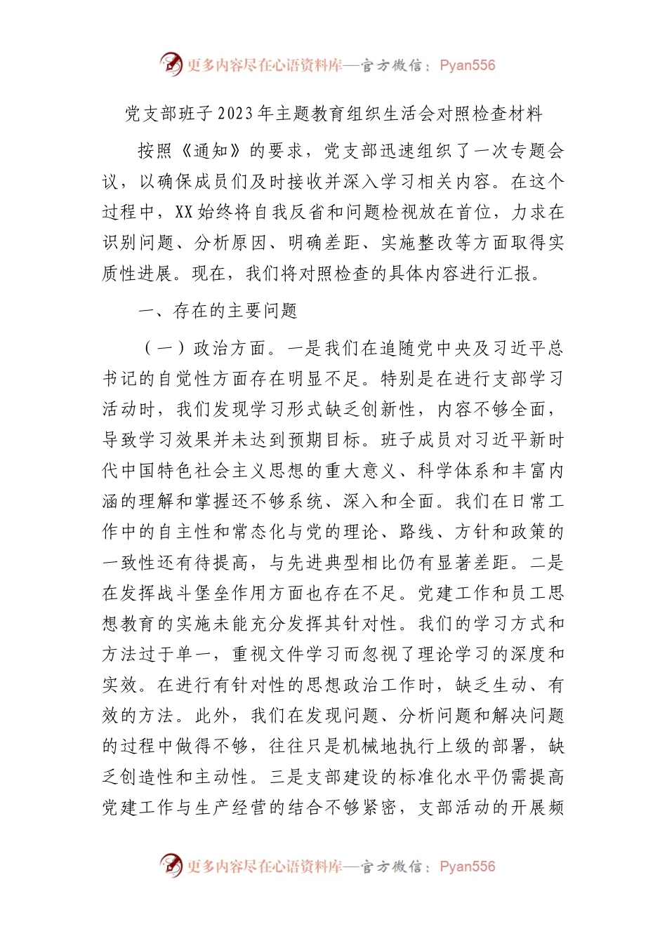 支部班子2023年主题教育组织生活会对照检查3100字（政治、能力、思想、作风、纪律五个方面）(1).docx_第1页