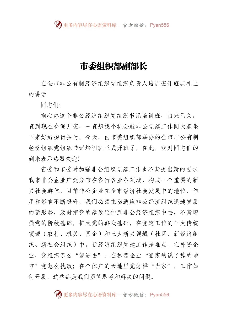 市委组织部副部长在全市非公有制经济组织党组织负责人培训班开班典礼上的讲话.doc.docx_第1页