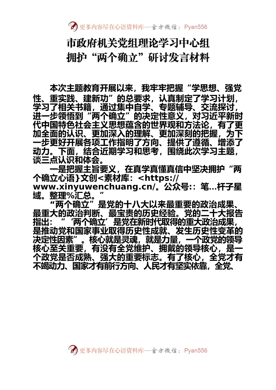 市政府机关党组理论学习中心组拥护“两个确立”研讨发言材料.docx_第1页