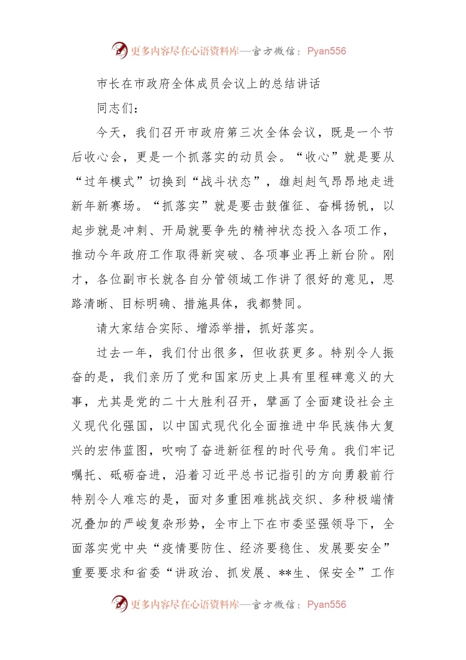 市长在市政府全体成员会议上的总结讲话.docx_第1页