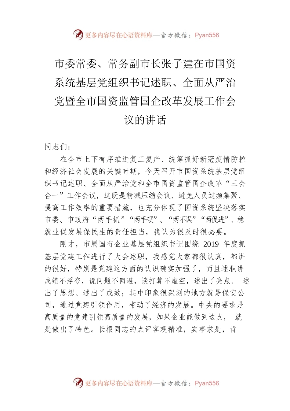市委常委、常务副市长张子建在市国资系统基层党组织书记述职、全面从严治党暨全市国资监管国企改革发展工作会议的讲话.docx_第1页