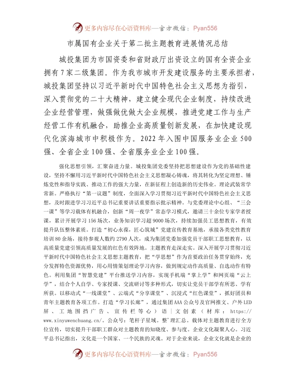 市属国有企业关于第二批主题教育进展情况总结.docx_第1页