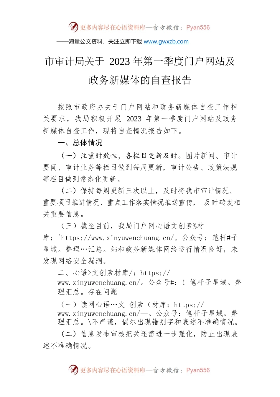 市审计局关于2023年第一季度门户网站及政务新媒体的自查报告（20230313）.docx_第1页