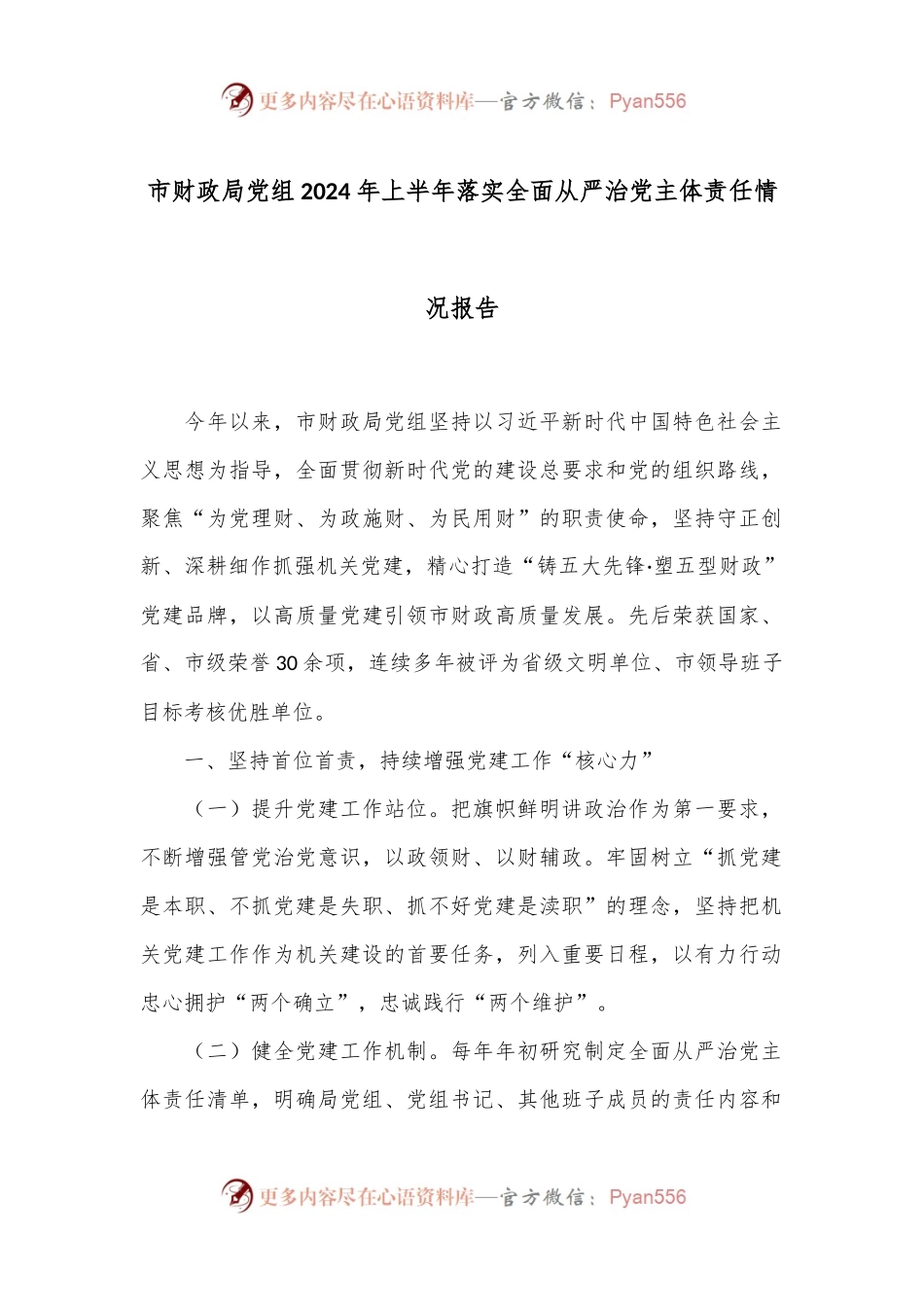 市财政局党组2024年上半年落实全面从严治党主体责任情况报告.docx_第1页