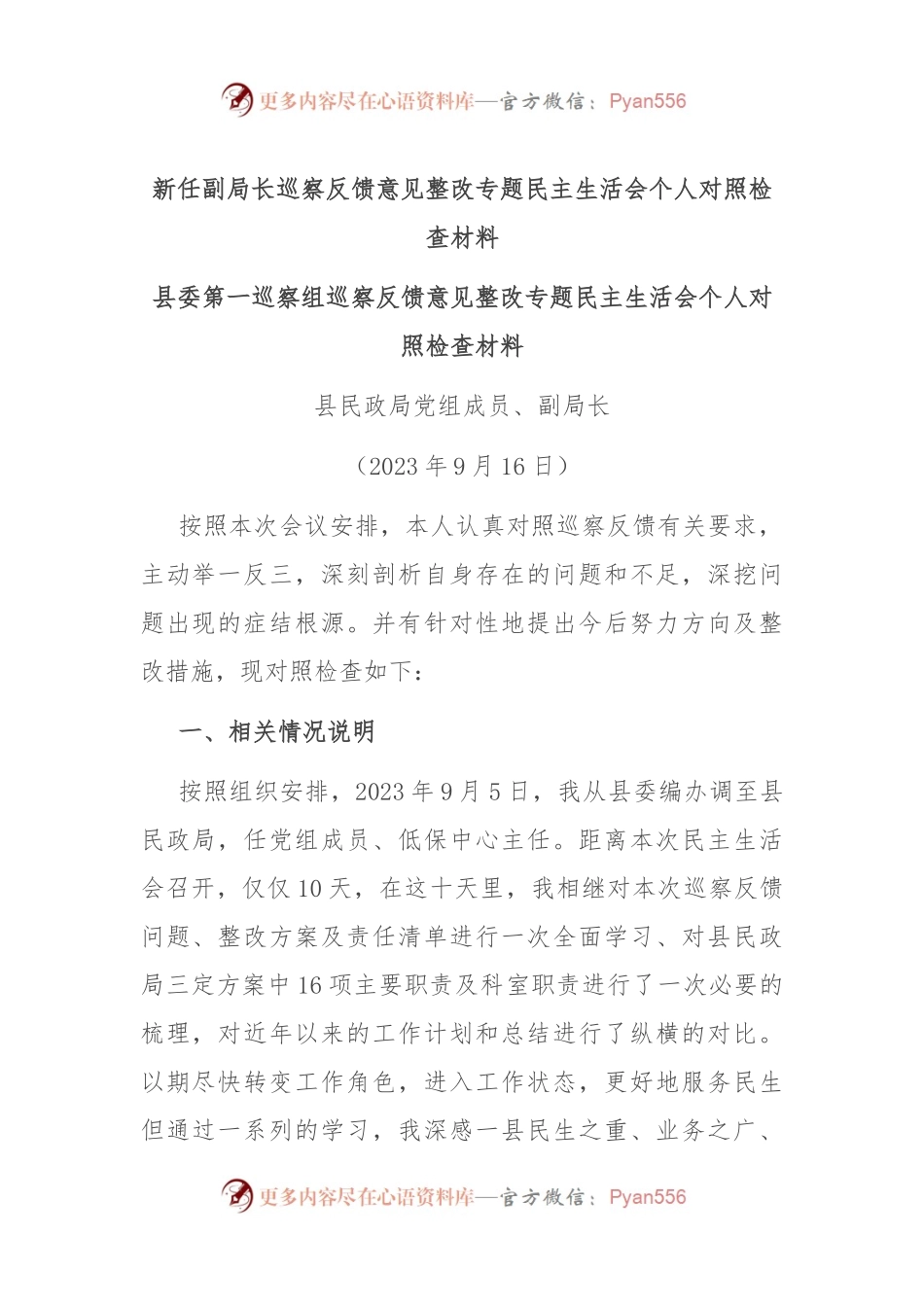新任副局长巡察反馈意见整改专题民主生活会个人对照检查材料.docx_第1页