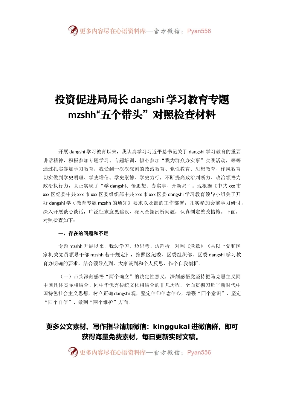 投资促进局局长党史i学习教育专题民主生活会“五个带头”对照检查材料.docx_第1页