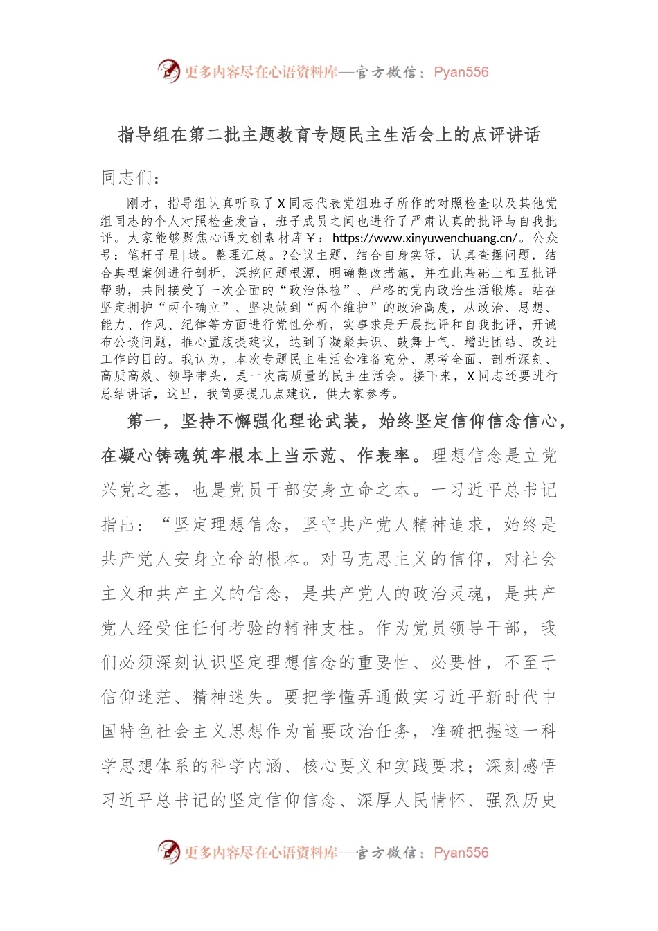 指导组在第二批主题教育专题民主生活会上的点评讲话.docx_第1页