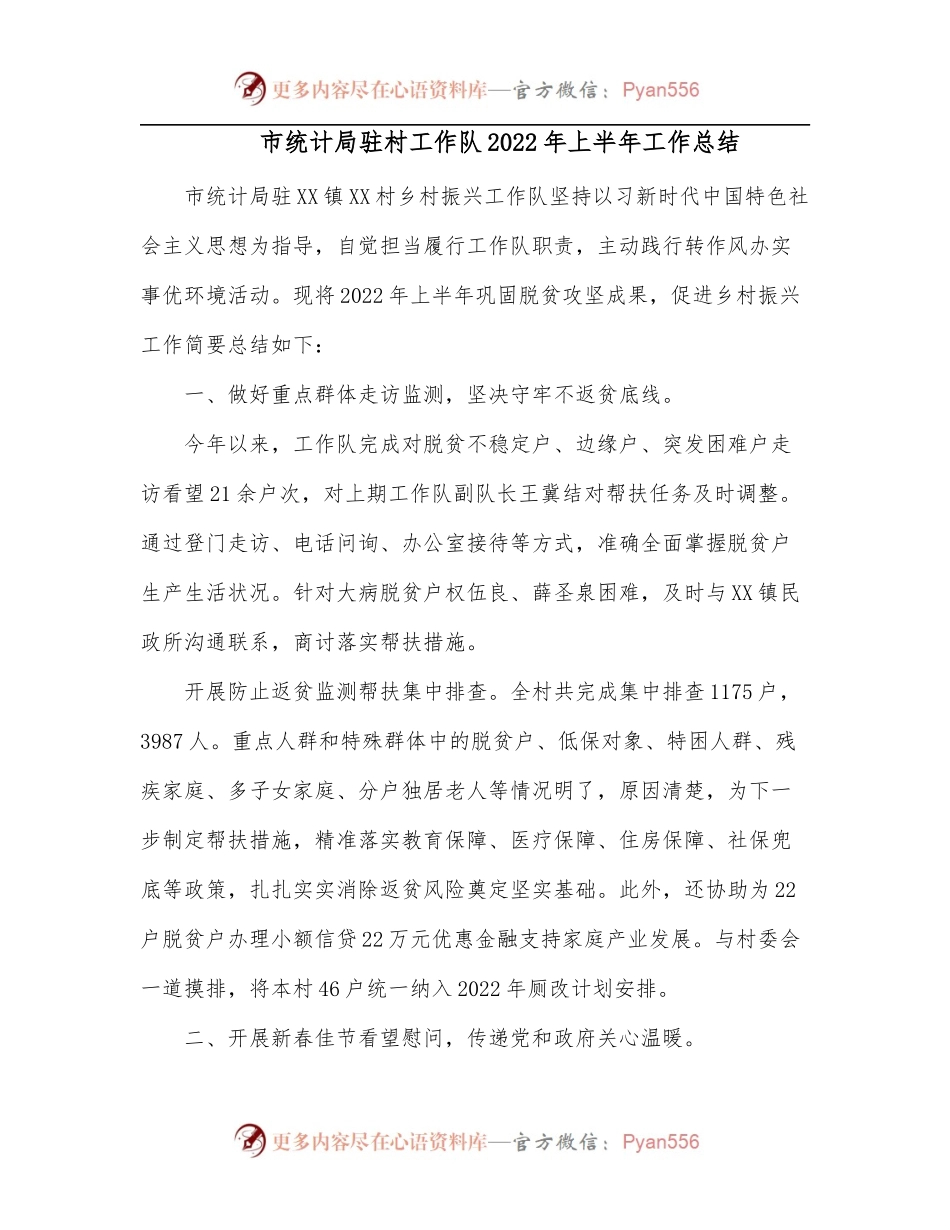 市统计局驻村工作队2022年上半年工作总结[3].docx_第1页