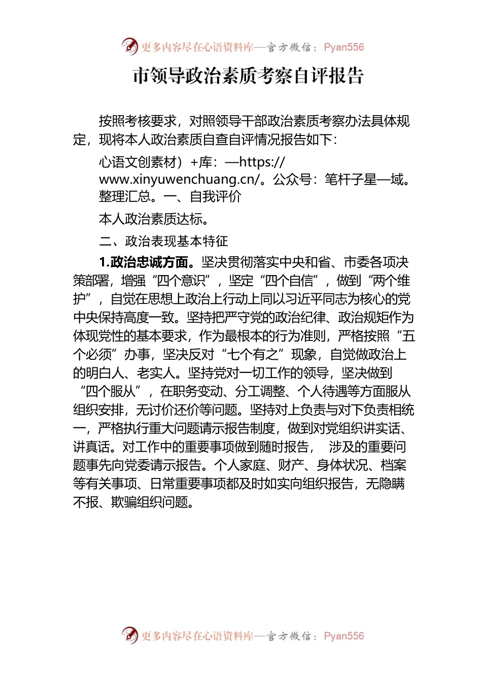 市领导政治素质考察自评报告.docx_第1页