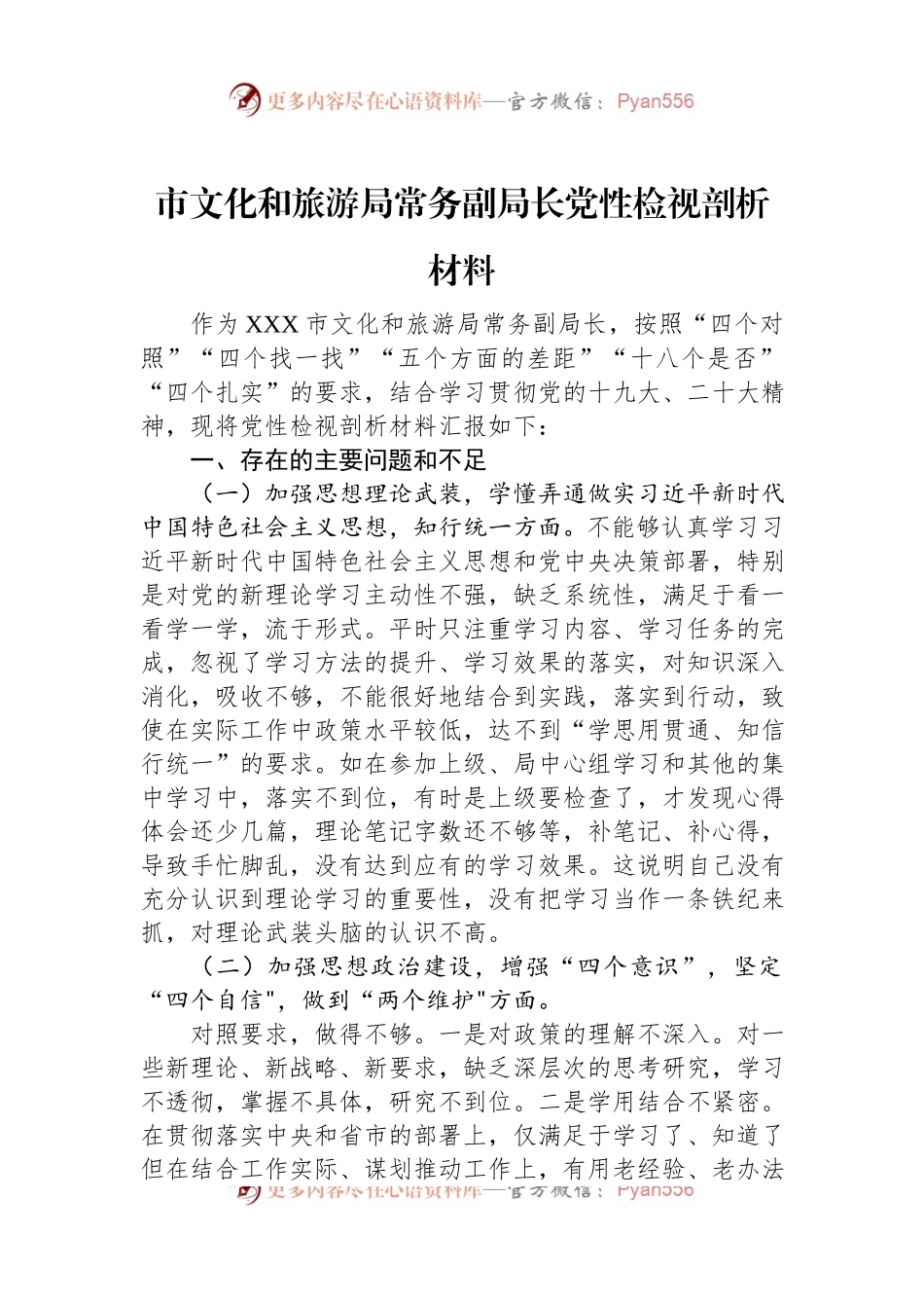 市文化和旅游局常务副局长党性检视剖析材料.docx_第1页