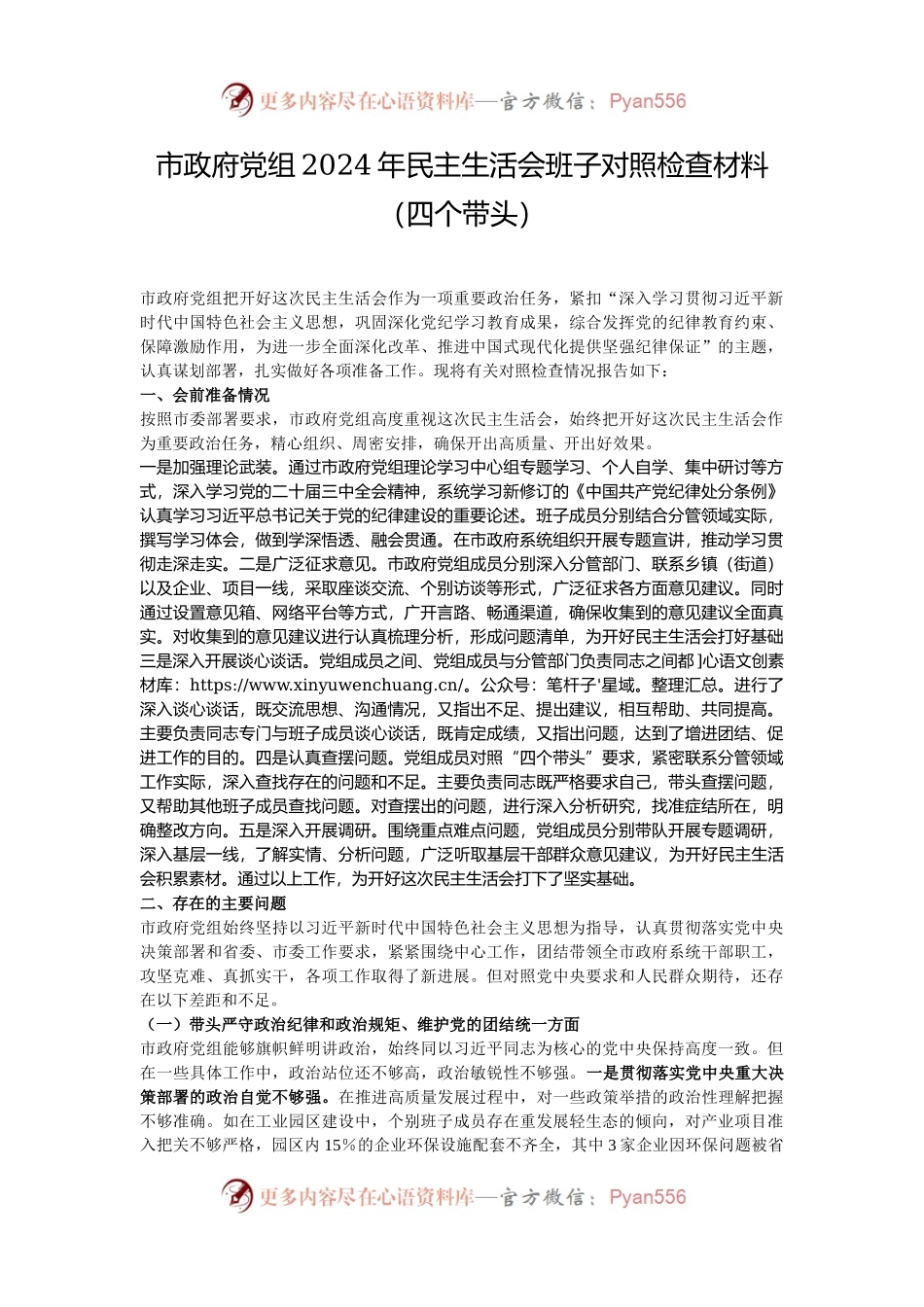 市政府党组2024年民主生活会班子对照检查材料（四个带头）.docx_第1页