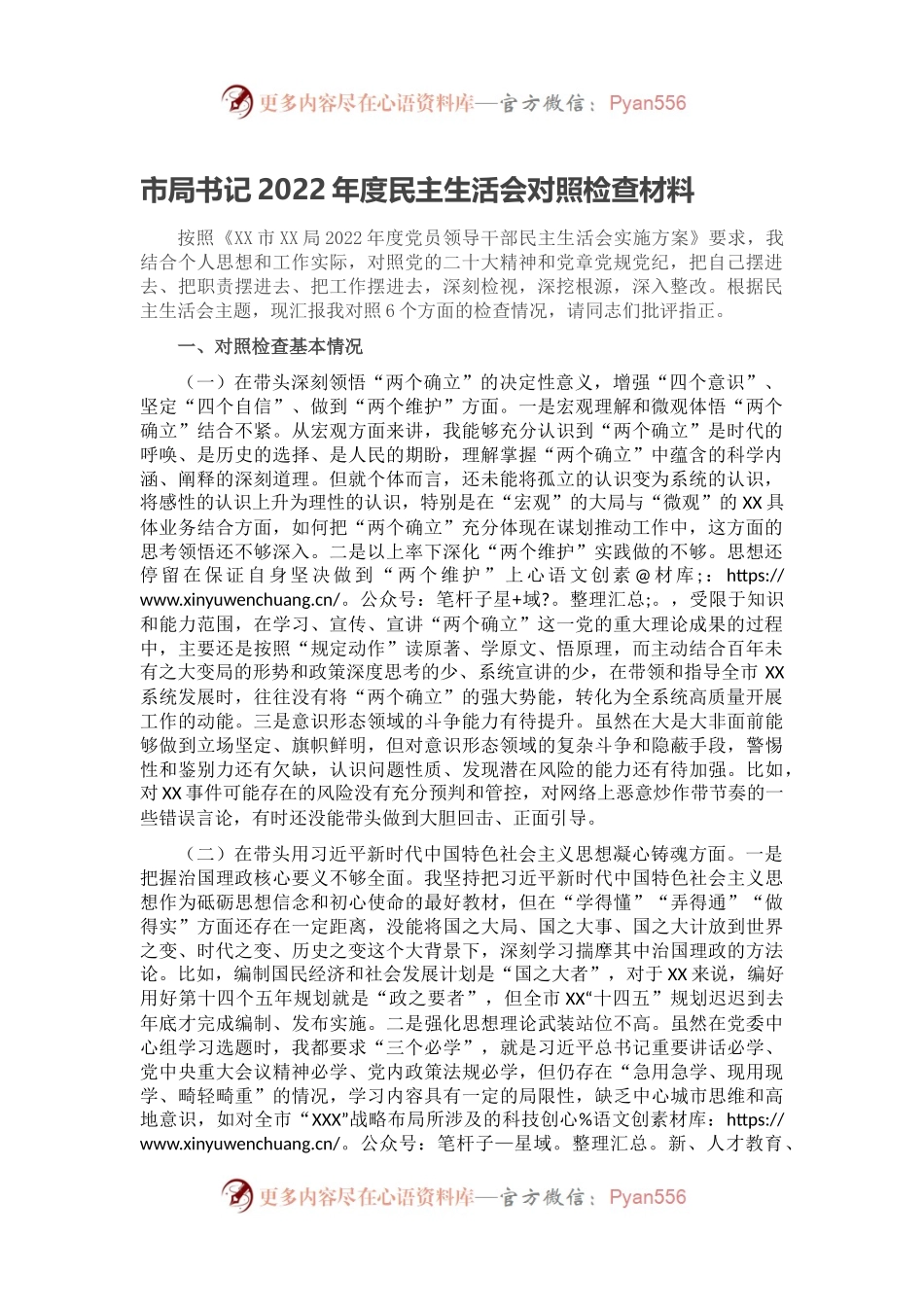 市局书记2022年度民主生活会对照检查材料.docx_第1页