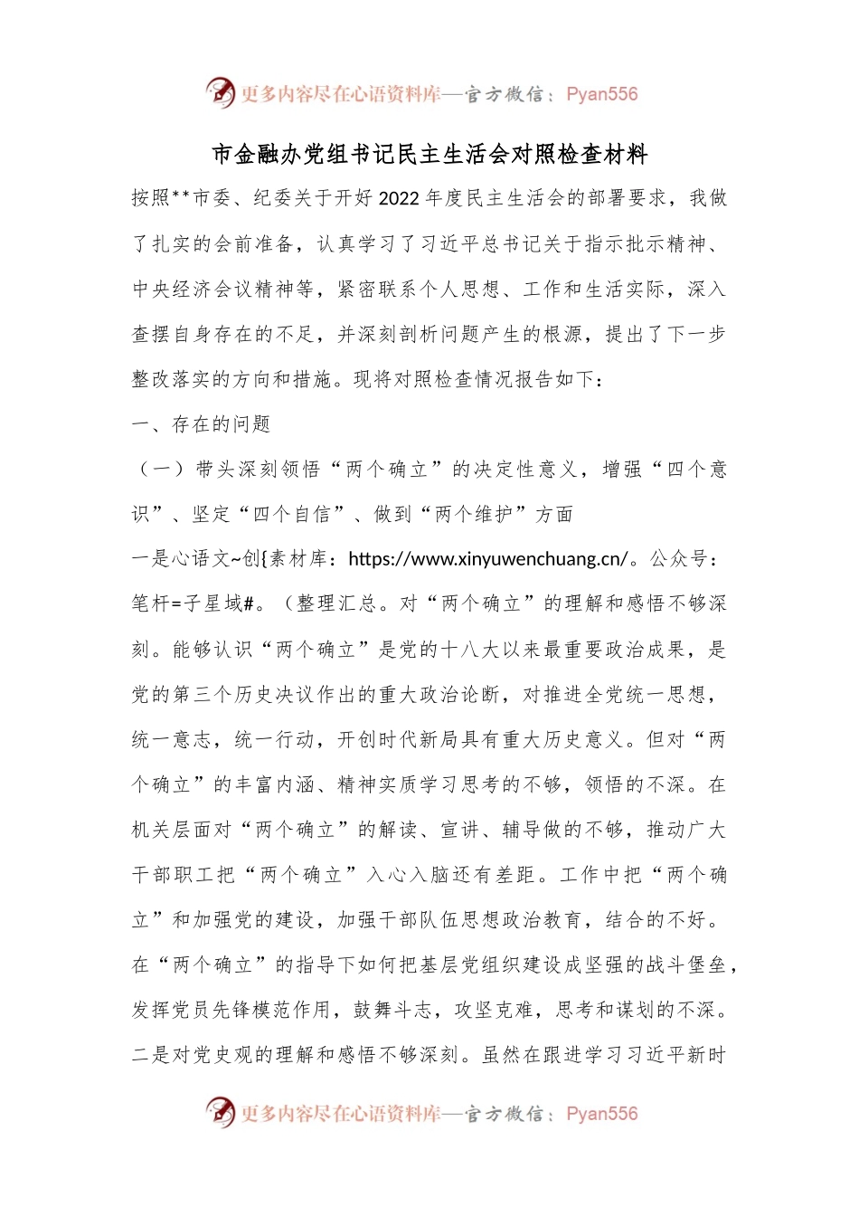市金融办党组书记民主生活会对照检查材料.docx_第1页
