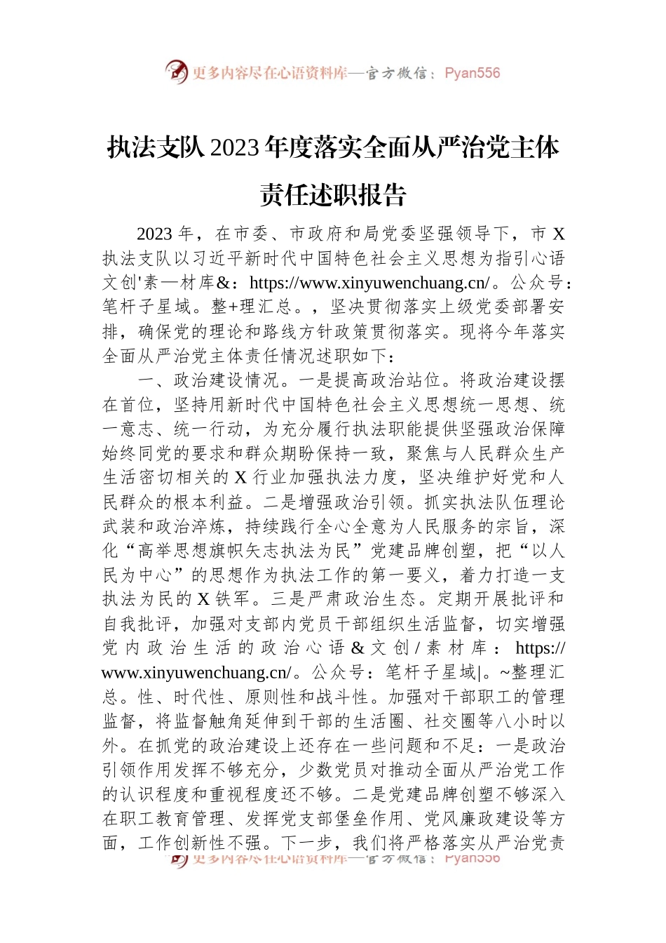 执法支队2023年度落实全面从严治党主体责任述职报告.docx_第1页