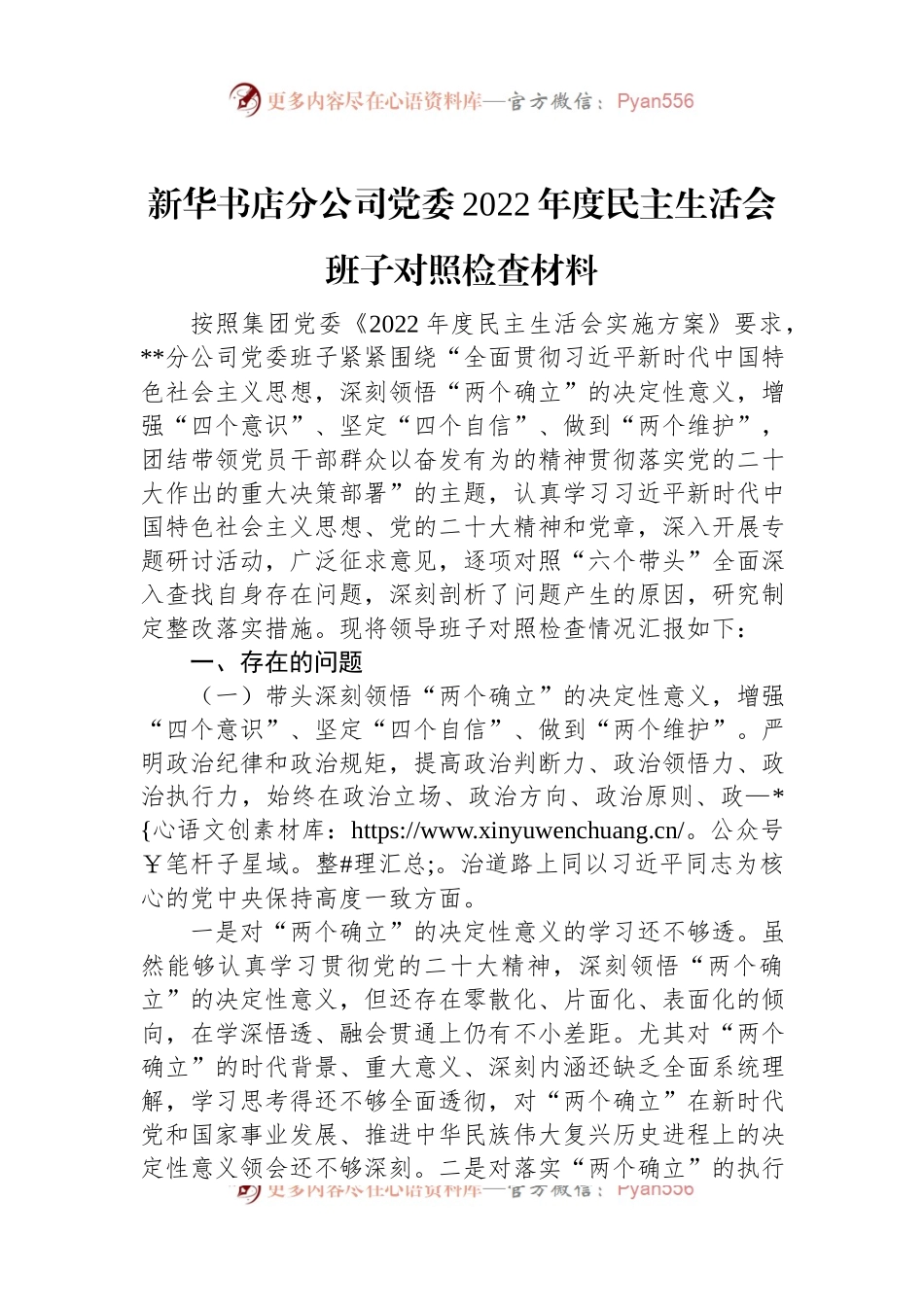 新华书店分公司党委2022年度民主生活会班子对照检查材料.docx_第1页