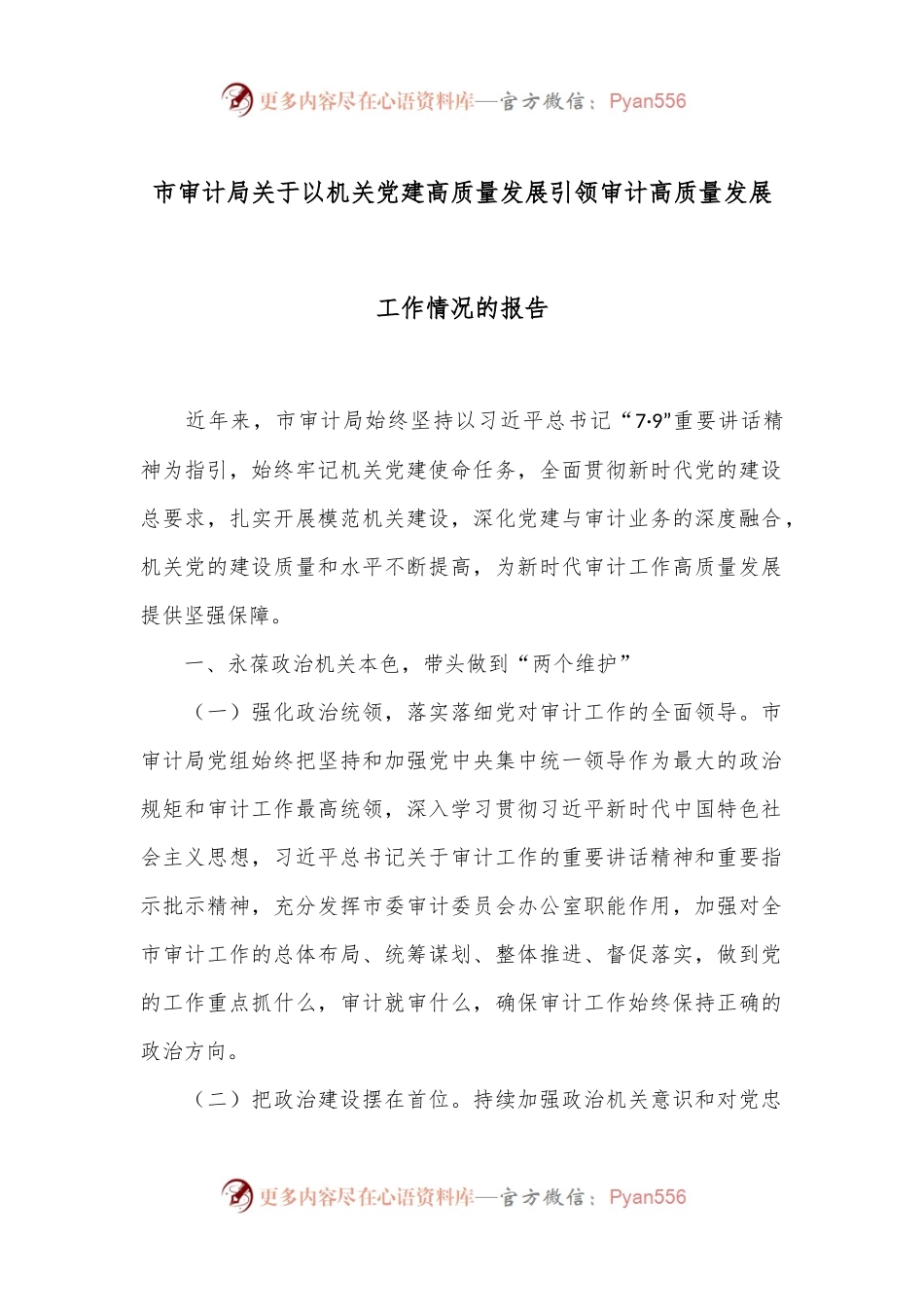 市审计局关于以机关党建高质量发展引领审计高质量发展工作情况的报告.docx_第1页