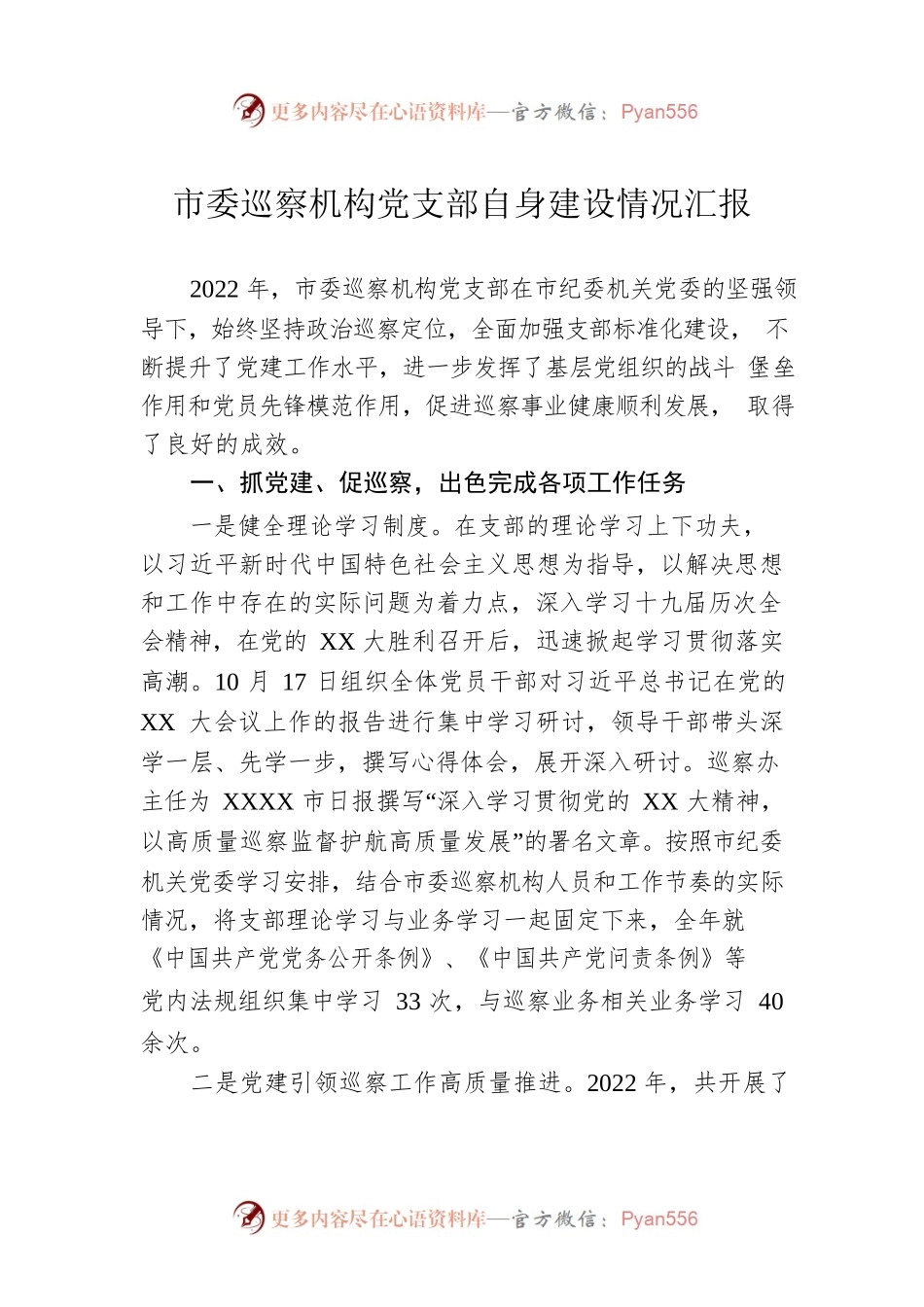 市委巡察机构党支部自身建设情况汇报.docx_第1页