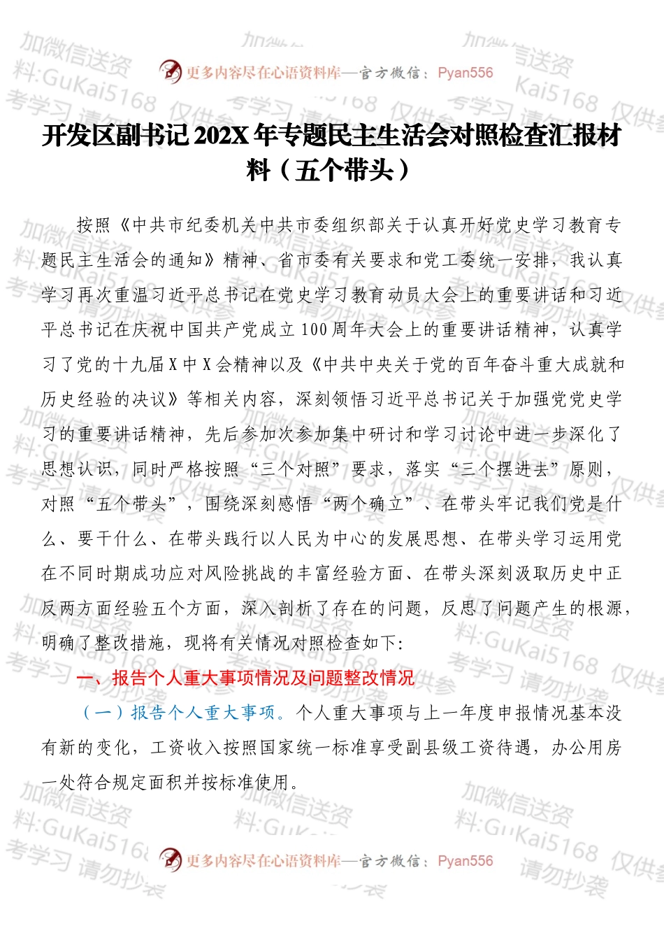 开发区副书记202X年专题民主生活会对照检查汇报材料（五个带头）.docx_第1页