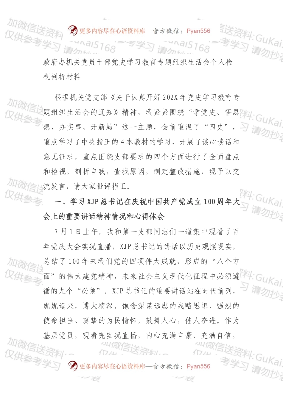 政府办机关党员干部党史学习教育专题组织生活会个人检视剖析材料.docx_第1页